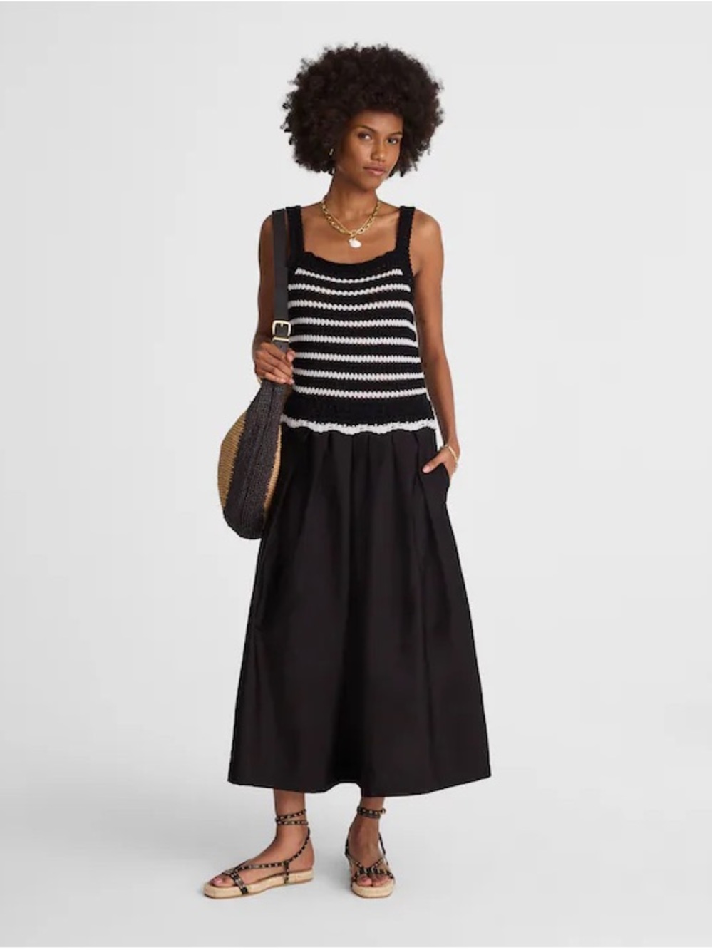 MADEWELL • Poplin Crocheted Knit Midi Dress black white striped - XL